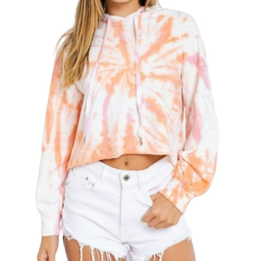 Le Lis Tie Dye Cropped Hoodie Pullover White Coral Size Small NWT